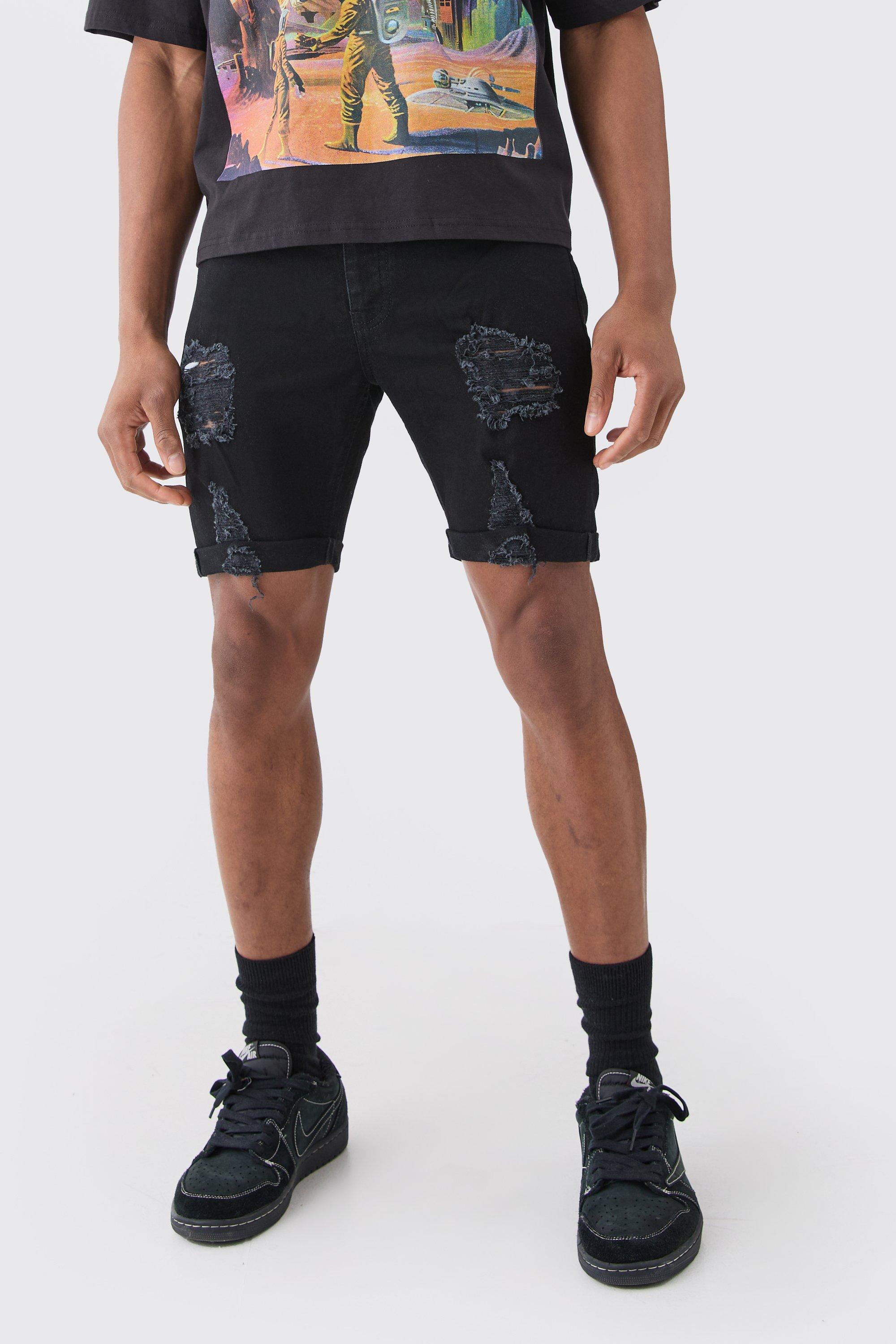 Skinny Stretch Distressed Denim Shorts In Black